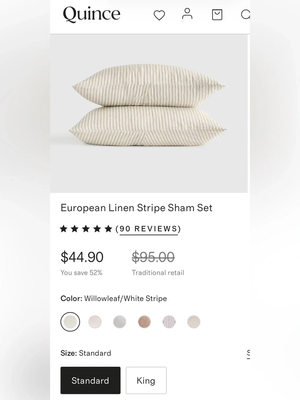 NWOT Quince European Linen Stripe Sham Set, Standard (Willowleaf)
